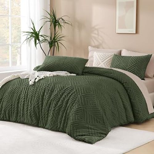 Andency King Size Comforter Set Olive Green, 3 Pieces Boho Bedding