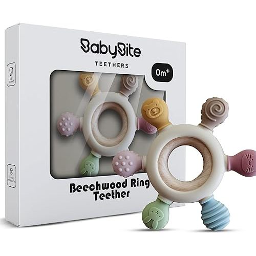 [BabyBite] Teethers Silicone and Beechwood Animal Teether for Sensory and Developmental Play for Baby and Toddler 100% BPA Free Food Grade Silicone, Beige
