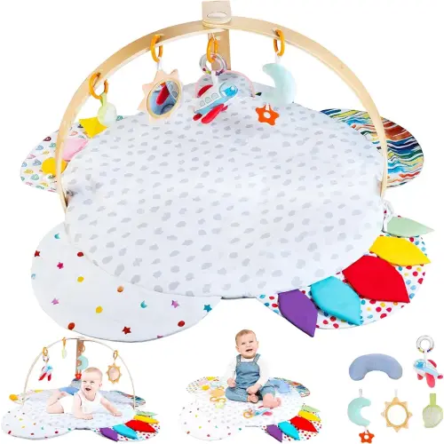 Baby Play Gym & Activity Mat | Stage-Based Developmental Activity Gym & Play Mat for Baby to Toddler, Wooden Tummy Time Mat with Detachable Sensory Toys, Baby Essentials Shower Gift | FSC-Certified