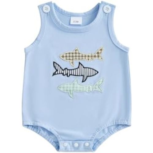 Baby Boy Fishing Outfit Shark/Crab Embroidery Sleeveless Bubble Tank Top Newborn Bodysuit Infant Ocean Beach Clothes