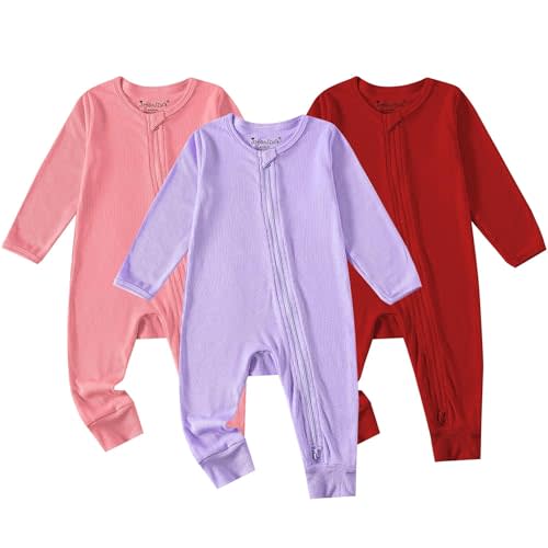 Jimonda Soft Rayon Baby Boy Girl Pajama Romper Ribbed Footless Sleeper PJS | Rayon From Bamboo,Long Sleeve,2-way Protective Zipper,Reversible Mittens in 0-3M,Easy Diaper Change,Outdoor Indoor Daily Wear