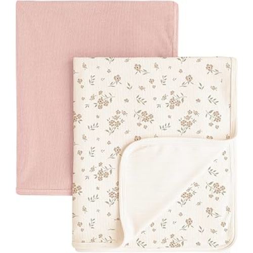 Konssy Knit Baby Blanket 2 Pack, Soft Ribbed Swaddle Receiving Blankets for Boys & Girls, Lightweight Cozy Swaddling Wrap for Newborns, Infants, & Toddlers, 33x42 Inch (Blossom,Pink)