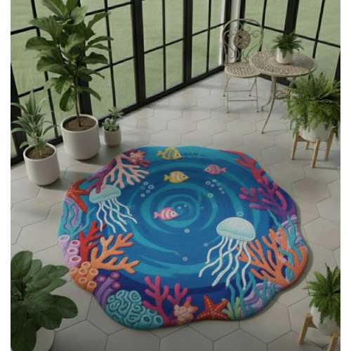 Hand-Tufted Ocean Theme Kids Rug | Underwater Coral Reef Design with Fish & Jellyfish | Multicolor | 6x6