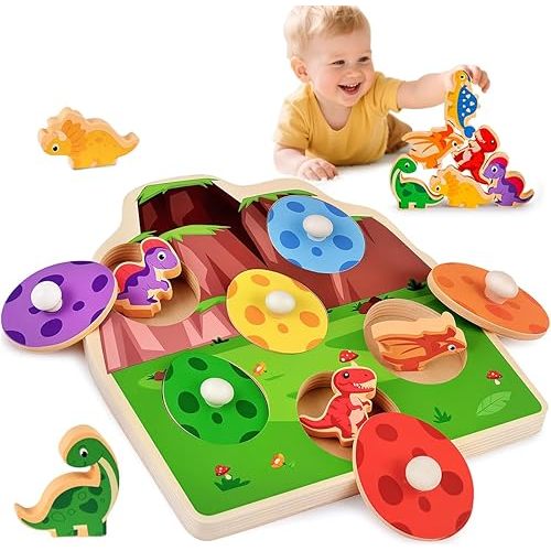 3 otters Dinosaur Peg Puzzles, Wooden Learning Toys Shape Sorter Color Match Games, Educational Memory Activities for Toddler Montessori Development Entertainment Prek Kindergarten Boys Girls Gifts