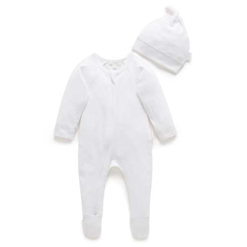 White Pointelle Growsuit & Hat Pack - Baby Growsuits - Purebaby - Purebaby