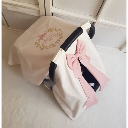 Light Cream and Blush Pink Carseat Cover Baby Girl , Personalized Car Seat Canopy Cover Girl with Name Embroidery and Bow , Baby Girl Gift