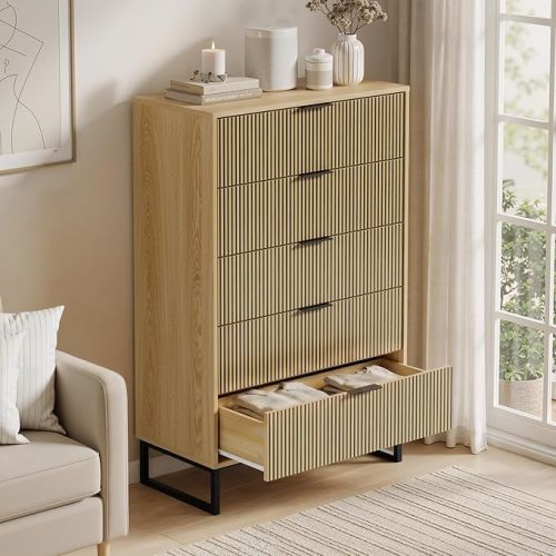Tall 5 Drawers Dresser for Bedroom, Natural Wood Dresser with Metal Handle, 49.2'' Chest of Drawers Modern Drawer Organizer with Large Drawers for Living Room, Cloest, Hallway, Natural Oak