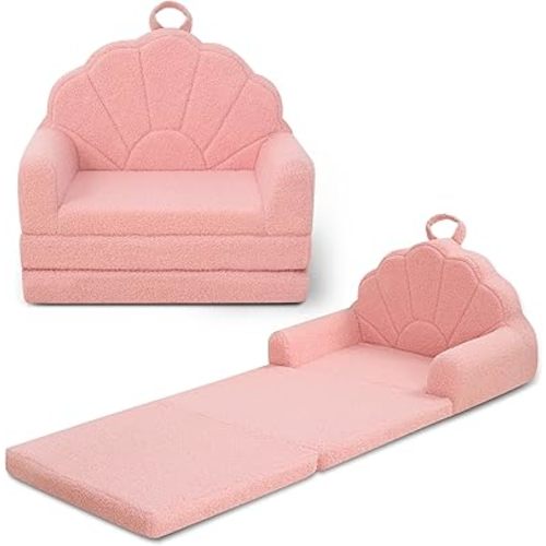 Toddler Chair for Kids, 2-in-1 Soft Couches That Fold Out for Toddler, Convertible Baby Sofa to Lounger for Playroom with Cute Petal Design, Pink