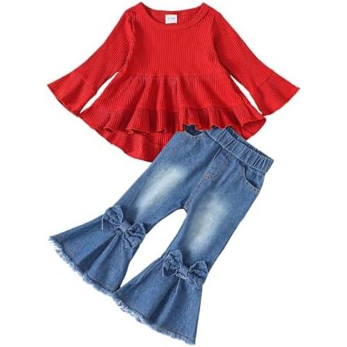 Kucnuzki Toddler Baby Girls Clothes Long Sleeve Shirt Top Flare Denim Jeans Cute Outfit Baby Girl Fall Winter Clothes