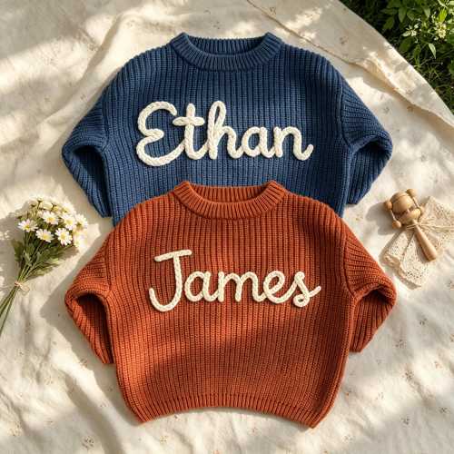 Custom Name Baby Sweater, Hand Knit Cotton Newborn Outfit, Personalized Sweater with Name, Embroidered Toddler Sweater, First Birthday Gift