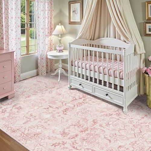 Pink Vintage Area Rug 4x6 for Living Room Bedroom, Washable Distressed Farmhouse Soft Thin Non-Shedding Indoor Throw Rug, Traditional Accent Carpet for Bedroom Office