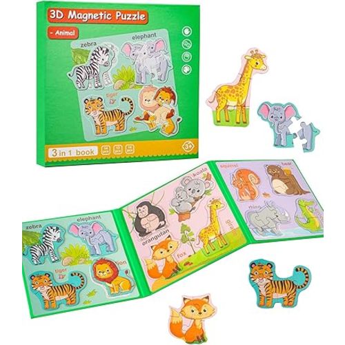 Magnetic Puzzles for Toddlers 1-3, Travel Puzzles for Kids Ages 3-5, Animal Activities Toy Wooden Jigsaw Puzzles Book for Boys & Girls 2-4, Learning Magnet Gift for Road Trip (Animal)
