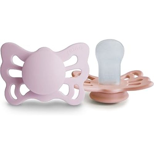 FRIGG Butterfly Anatomical SilkySoft Silicone Baby Pacifier | Made in Denmark | BPA-Free (Soft Lilac/Pretty in Peach, 0-6 Months)