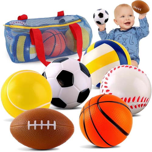 LINXUXIE 6PCS Sport Balls Set, Small Soft Soccer Ball Basketball Baseball and Tennis Ball with Bag, Birthday Gifts for 1-3 3-5 5-8 Year Old