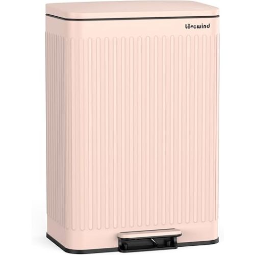 Lovewind 60 Liter/ 16 Gallon Stainless Steel Trash Can with Soft-Close Lid, Large Footstep Garbage Can with Roman Texture, Removable Inner Buckets, Recycling Bin for Kitchen Office, Pink