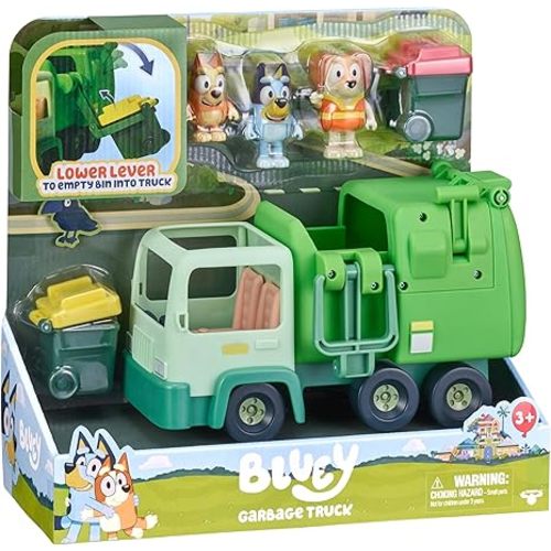 Bluey Garbage Truck Playset, Bingo & Bin Man Figures, Garbage Truck Toys for Boys Age 4-7 w/ Characters, Interactive Lever Action