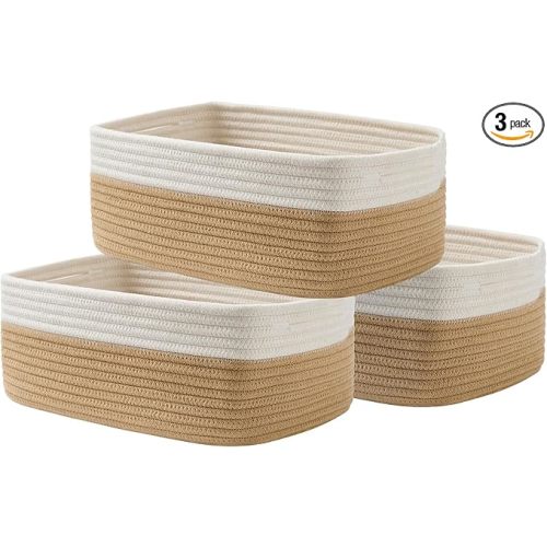 Small Woven Basket, 13.5 x 9.5 x 5 Inches, Storage Basket for Organizing, Cute Small Rope Shelf Closet Cube Storage Bins Baskets for Shelves, Dog Toy Gift Baskets Empty, 3 Pack White & Brown
