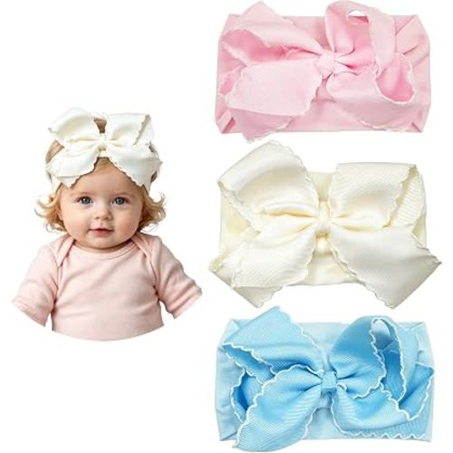 3 Pcs 6 Inch Pink Beige Blue Baby Girl Headbands With Bows Handmade Moonstitch Boutique Grosgrain Ribbon Baby Headbands Soft Nylon Elastic Headband For Newborns Infants Toddlers (Pink Beige Blue)