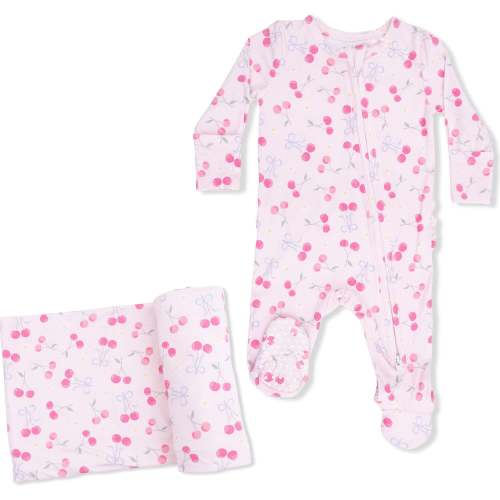 Sweet Bow Cherries, 2 Way Ruffle Back Zipper Footie & Swaddle Blanket Set - Angel Dear Sleepwear | Maisonette