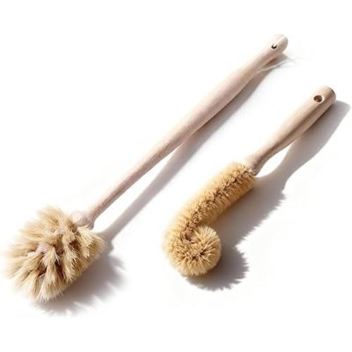 2-Piece Wooden Bottle Brush Set - Includes Tapered Cup Brush & L-Shape Coconut Scrubber - Beech Wood Cleaning Kit for Water Bottles, Glassware & Vases