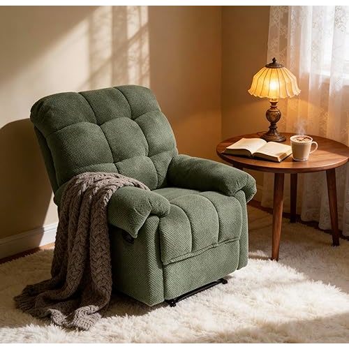 KEIKI Recliner Chair, Upholstered Nursery Rocker Reclining Chair with Side Pocket, Single Sofa Armchair for Living Room, Bedroom, Nursing, Reading, Army Green