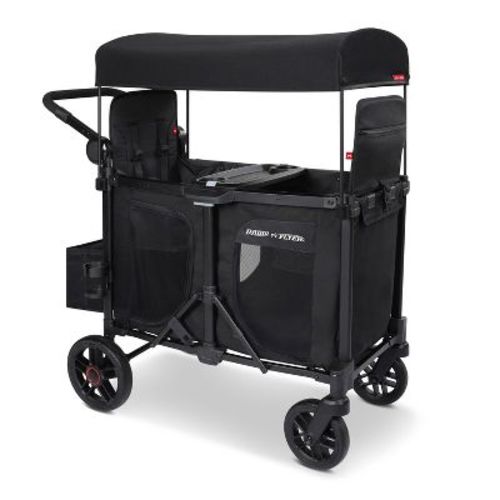 Radio Flyer Voya 2.0 XT 2 Seat Stroller Wagon - Black: All-Terrain Tires, Removable Cup Holder, 5-Point Harness, Adjustable Handle