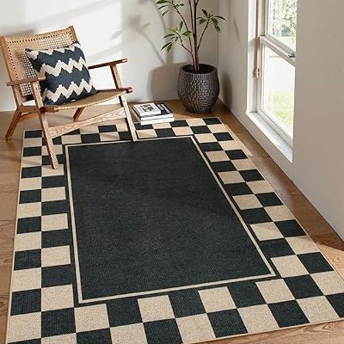 Moynesa Checkered Easy Jute 5x7 Area Rugs for Living Room, Washable Outdoor Patio Rug for Backyard Porches Non Slip, Black Farmhouse Carpet for Dining Room Balcony