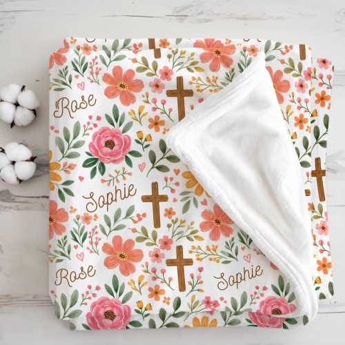 Personalized Christian Baby Blanket, Baptism Gift, Custom Name Floral Minky Throw, Cross Nursery Decor, Baby Shower Gift, Newborn Girl