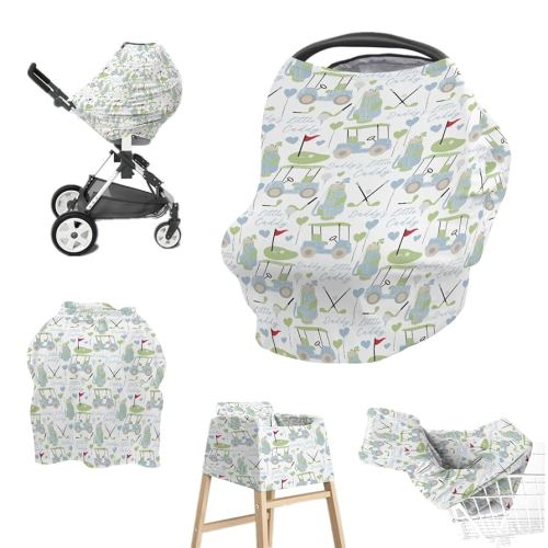 Baby Boys 5-in-1 Car Seat Covers Blue Gingham Golfing, Cute Golf Daddy's Little Caddy Multi-use Privacy Nursing Breastfeeding Cover, Carseat Canopy Carrier Newborn Infant Shower Gift