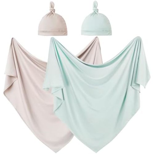 OWLOWLA 2Pack Newborn Swaddle Blanket with Hat Set Baby Wrap Swaddle Receiving Blanket Boys Girls