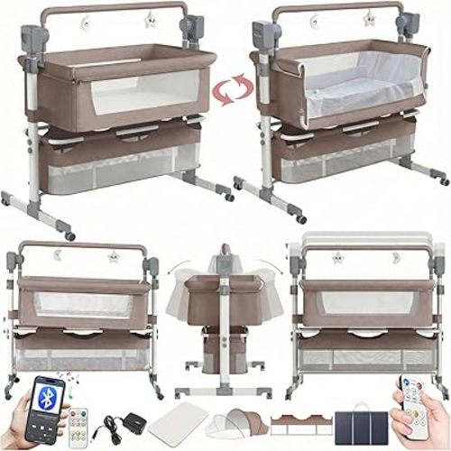 Electric Bluetooth Smart Baby Bedside Crib, Bassinet for Co-Sleeping, Infant Bedside Sleeper Cot, Foldable Baby Bassinet Crib with Remote Control, Music and 5 Swaying Gears (601 Khaki)
