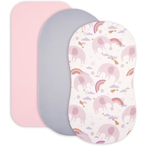 TILLYOU Baby Bassinet Sheets for Girls Boys, Fit for Hourglass Oval Rectangle Bassinet Mattress Sheets, 33”X16”, 3 Pack Rainbow Elephant