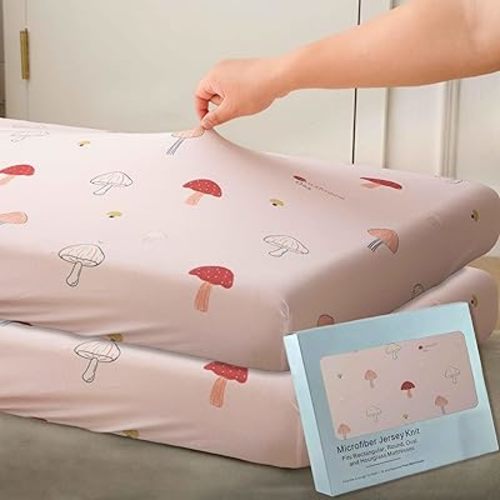SDY Jersey Mushroom Crib Sheets for Baby Girls,52”x28”x8,2 Pack,Pink Cute Kawaii Standard Oval/Retangle Crib Mattress Sheets for Toddler,Super Soft Breathable