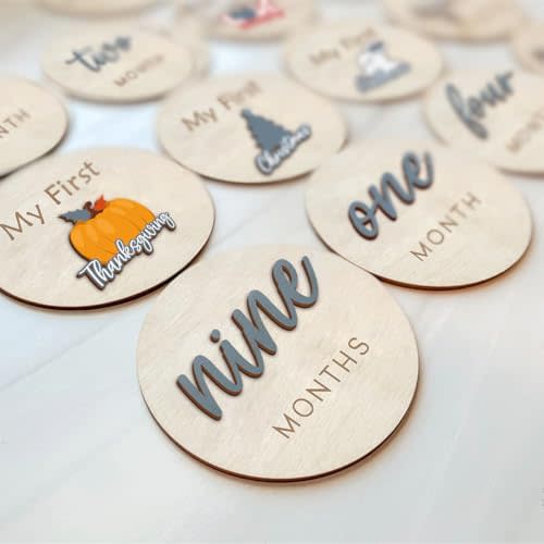 Monthly Baby Milestone and First Holiday Signs, Wooden Baby Months Disc Set 1-12, Hello World Newborn Announcement Props (Blue)