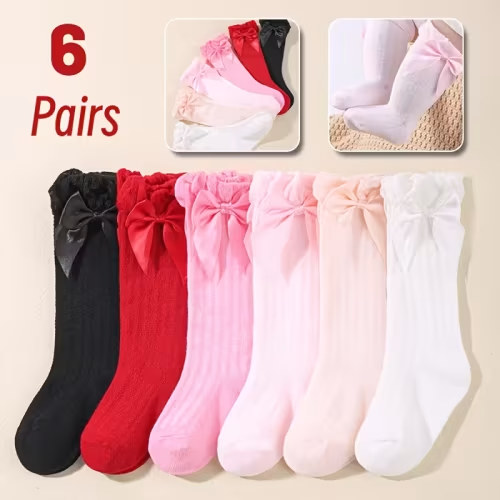 6 pairs baby girl princess bowknot knee high socks soft - Temu