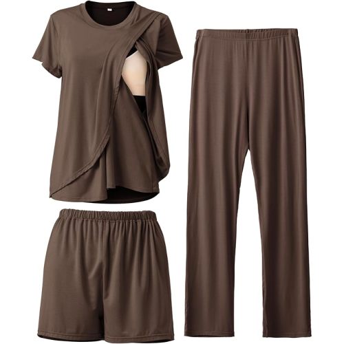 Rnxrbb Postpartum Nursing Pajamas Set Breastfeeding Pjs,Coffee Brown-M