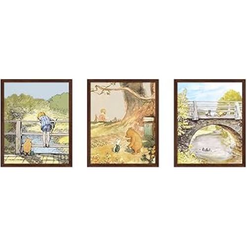 Monem Art 3-Piece Playing Together Print - Pooh & Friends Poster - Nursery Art - Aesthetic Story Book Wall Design - Great Playroom or Kid's Room Decor - 8x10 Brown Framed