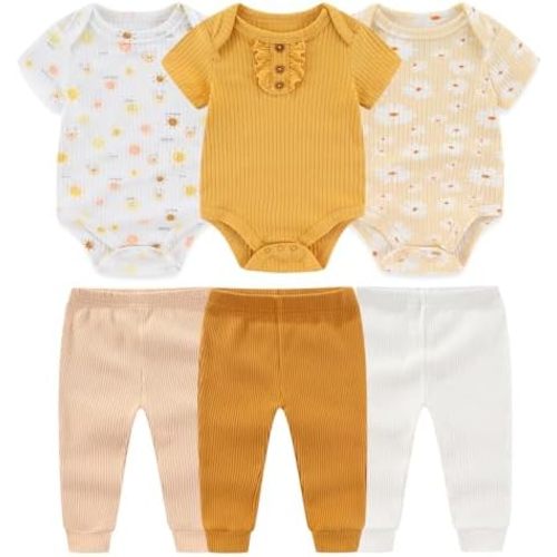 Baby Bodysuit and Pant Set 6-pcs Ribbed Soft Infant Boy Girl Clothes Outfits