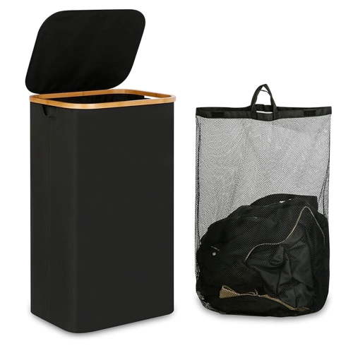 TEAFIRST Large Collapsible Laundry Basket with Lid 100L Removable Mesh Bag and Bamboo Handles