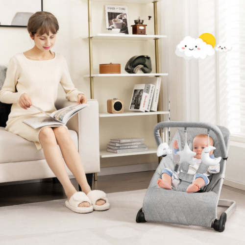 Foldable Baby Bouncer With Removable Fabric Cover and Toy Bar-Gray