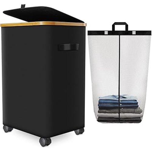 Laundry Hamper with Wheels,20 Gal (75L) Laundry Basket with lid Rolling Clothes Hamper Foldable Dirty Clothes Basket on wheels with Bamboo Frame and Bag for Bedroom, Dorm, Laundry Room-Black