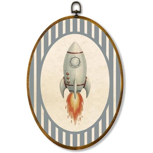 Rocket Ship Wall Art, Rustic Space Nursery Oval Framed Canvas, 8.5x11.5