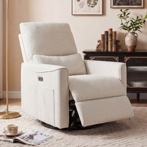 Dyonery Power Swivel Rocker Recliner, Fabric Glider Nursery Chair with USB Ports, Ivory White