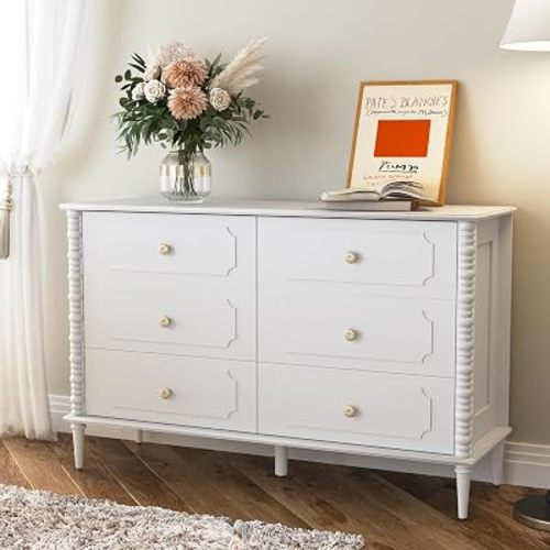 White 6 Drawer Dresser for Bedroom, 47" Wide Chest of Drawers with Turned Legs and Ceramic Knobs, Double Dresser, Wood Drawer Storage Organizer for Bedroom, Living Room, Hallway