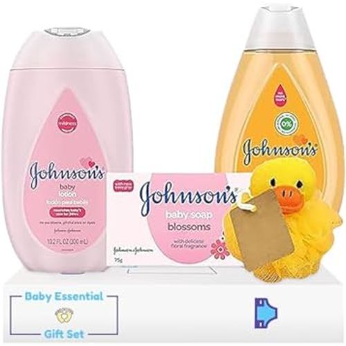 Johnson's Baby Essentials Gift Set, 4 Piece Newborn Baby Essentials Set Includes Baby Shampoo, Baby Lotion, Baby Soap, Pink Poof, for Baby Shower, Baby Bath Time & Skin Care