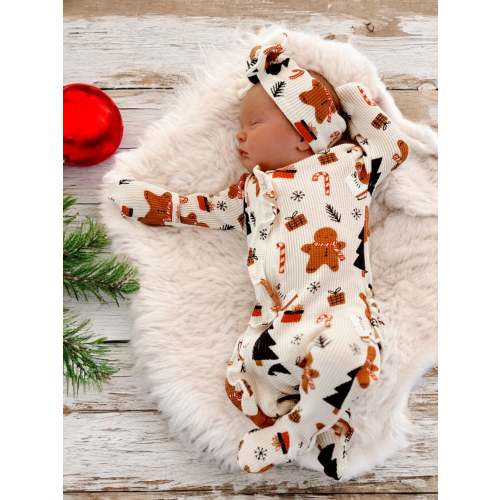 Organic Waffle Ruffle Zip Footie, Gingerbread Wonderland Snow