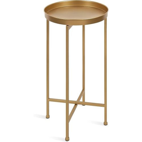 Kate and Laurel Celia Round Metal Foldable Accent Table with Tray Top, Gold