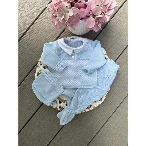 Two Button Down Dash Knit Pattern Baby Knitted Set in Sky Blue