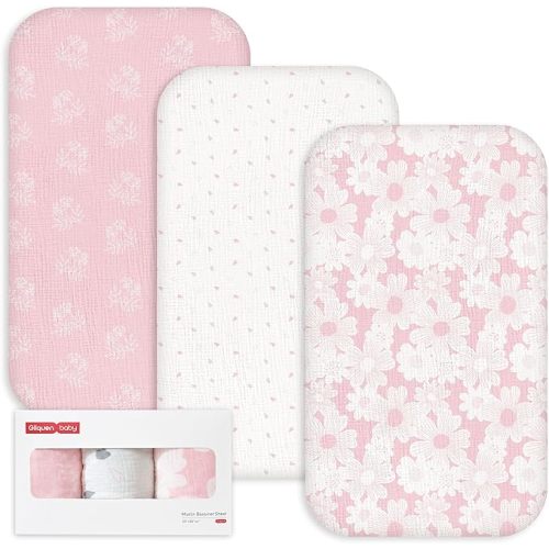Gllquen Baby 3-Pack Muslin Cotton Bassinet Sheets, 33"x20" Fitted Crib Sheets for Bedside Sleeper & Travel Crib, Oeko-TEX Certified Soft Breathable Sheets, Easy On/Off (Rosebud)