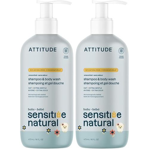 ATTITUDE 2-in-1 Shampoo & Body Wash for Baby, EWG Verified, Plant- and Mineral-Based Ingredients, Vegan and Cruelty-Free Products for Sensitive Skin, Unscented, 16 Fl Oz, (Pack of 2)